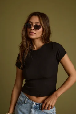 Discount Abby Black Ribbed Crew Neck Tee Tees + Tanks|Festival Tops