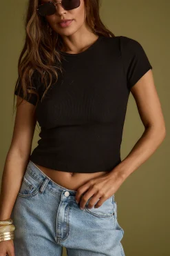 Discount Abby Black Ribbed Crew Neck Tee Tees + Tanks|Festival Tops
