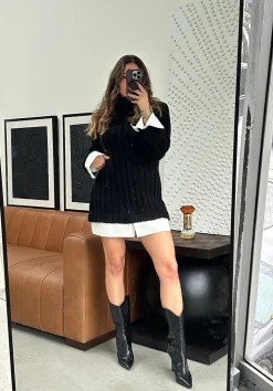 New Allison Black Long Sleeve Knit Mini Dress Long Sleeves|Day Dresses