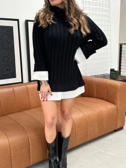 New Allison Black Long Sleeve Knit Mini Dress Long Sleeves|Day Dresses
