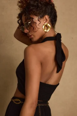 Sale Amalfi Black Linen Halter Top Tees + Tanks|Vacation Tops