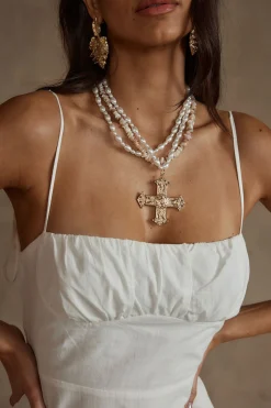 Online Angelica Gold Pearl Cross Statement Necklace Jewelry|Golden Hour Bachelorette