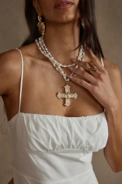Online Angelica Gold Pearl Cross Statement Necklace Jewelry|Golden Hour Bachelorette