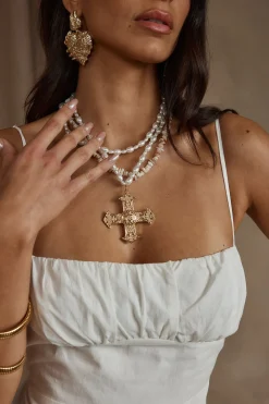 Online Angelica Gold Pearl Cross Statement Necklace Jewelry|Golden Hour Bachelorette