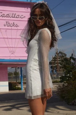 Clearance Anna White Rhinestone Mesh Mini Dress Golden Hour Bachelorette|Honeymoon