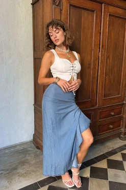 Clearance Annabelle Denim Ruffle Trim Maxi Skirt Denim|Skirts