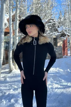 Fashion Apres Faux Fur Trimmed Black Ribbed Knit Jumpsuit Jumpsuits + Rompers