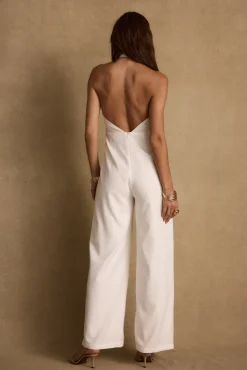 Sale Astoria White Plunge Halter Tailored Jumpsuit The White Edit|Golden Hour Bachelorette