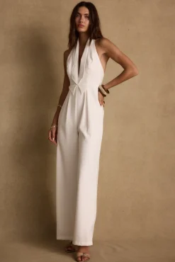 Sale Astoria White Plunge Halter Tailored Jumpsuit The White Edit|Golden Hour Bachelorette