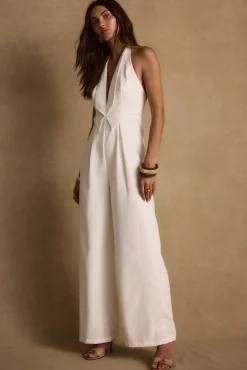 Sale Astoria White Plunge Halter Tailored Jumpsuit The White Edit|Golden Hour Bachelorette