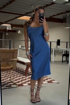 Fashion Aubrey Blue Satin Jacquard Midi Dress Date Night Dresses|Wedding Guest Dresses