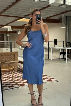 Fashion Aubrey Blue Satin Jacquard Midi Dress Date Night Dresses|Wedding Guest Dresses