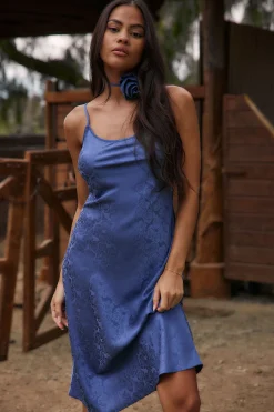 Fashion Aubrey Blue Satin Jacquard Midi Dress Date Night Dresses|Wedding Guest Dresses