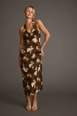 Clearance Audrina Brown Floral Halter Maxi Dress Date Night Dresses|Vacation Dresses