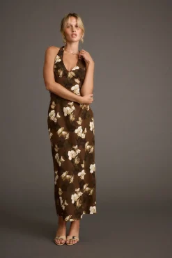 Clearance Audrina Brown Floral Halter Maxi Dress Date Night Dresses|Vacation Dresses