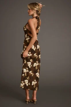 Clearance Audrina Brown Floral Halter Maxi Dress Date Night Dresses|Vacation Dresses