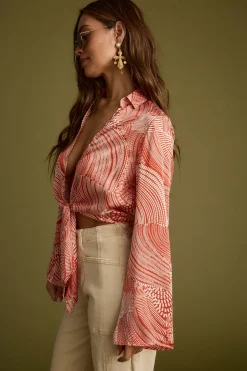 Fashion Augusta Tropical Rust Long Sleeve Tie Top Long Sleeves|Vacation Tops