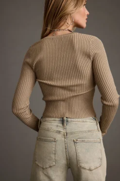 Discount Aurora Taupe Long Sleeve Ribbed Knit Top Long Sleeves