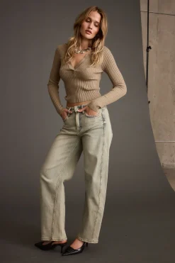 Discount Aurora Taupe Long Sleeve Ribbed Knit Top Long Sleeves