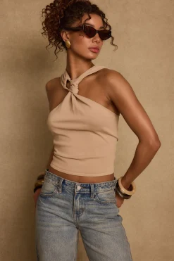 Hot Azula Tan Embellished Halter Top Date Night Tops|Tees + Tanks
