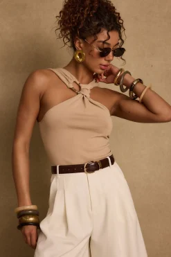 Hot Azula Tan Embellished Halter Top Date Night Tops|Tees + Tanks