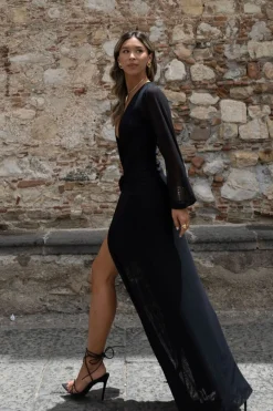 Fashion Bella Black Mesh Plunge Maxi Dress Date Night Dresses|Party Dresses