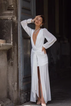 Outlet Bella White Mesh Plunge Maxi Dress The White Edit|Honeymoon
