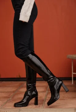 Hot Lorelai Black Semi Patent Boot Shoes