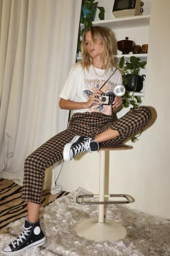 Online Bishop Tan Checkered Cropped Trousers Pants