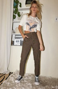 Online Bishop Tan Checkered Cropped Trousers Pants