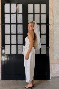 New Brighton White Strapless Satin Wrap Dress Engagement Party|Bridal Dresses
