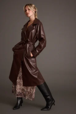 New Brynne Faux Leather Mahogany Brown Trench Outerwear|Jackets