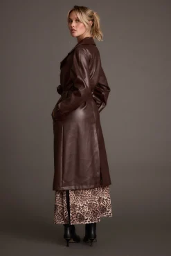 New Brynne Faux Leather Mahogany Brown Trench Outerwear|Jackets