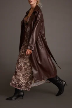New Brynne Faux Leather Mahogany Brown Trench Outerwear|Jackets