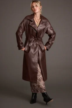 New Brynne Faux Leather Mahogany Brown Trench Outerwear|Jackets