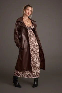 New Brynne Faux Leather Mahogany Brown Trench Outerwear|Jackets