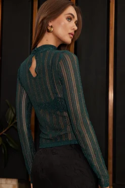 Fashion Claire Emerald Mesh Long Sleeve Top Going Out Tops|Long Sleeves
