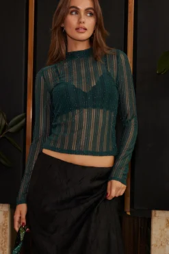 Fashion Claire Emerald Mesh Long Sleeve Top Going Out Tops|Long Sleeves