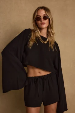 Outlet Clear Breeze Black Linen Top Sets|Sets