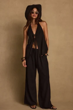 Sale Clear Breeze Black Tie Linen Top Sets|Sets
