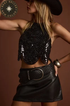 Outlet Cleo Black Sequin Halter Tie Top Going Out Tops|Tees + Tanks