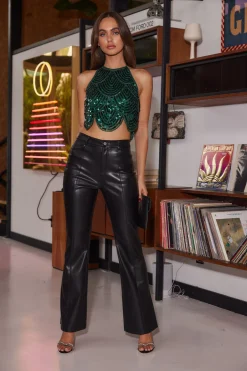 Sale Cleo Emerald Sequin Halter Tie Top Date Night Tops|Going Out Tops