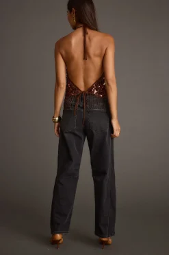 Fashion Cleo Espresso Beaded Halter Top Date Night Tops|Going Out Tops