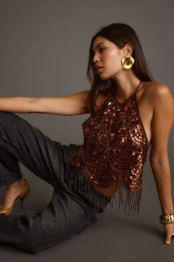 Fashion Cleo Espresso Beaded Halter Top Date Night Tops|Going Out Tops