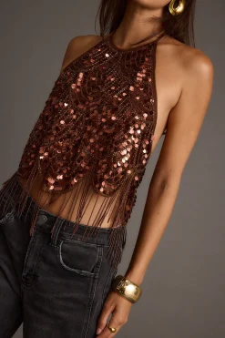 Fashion Cleo Espresso Beaded Halter Top Date Night Tops|Going Out Tops