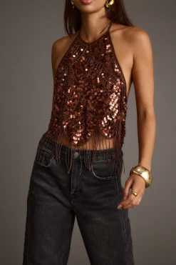 Fashion Cleo Espresso Beaded Halter Top Date Night Tops|Going Out Tops