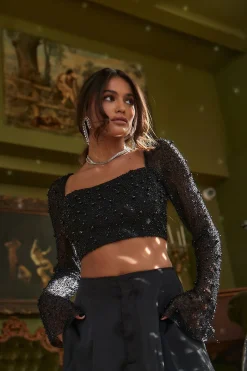 Discount Cristal Black Beaded Long Sleeve Crop Top Going Out Tops|Long Sleeves