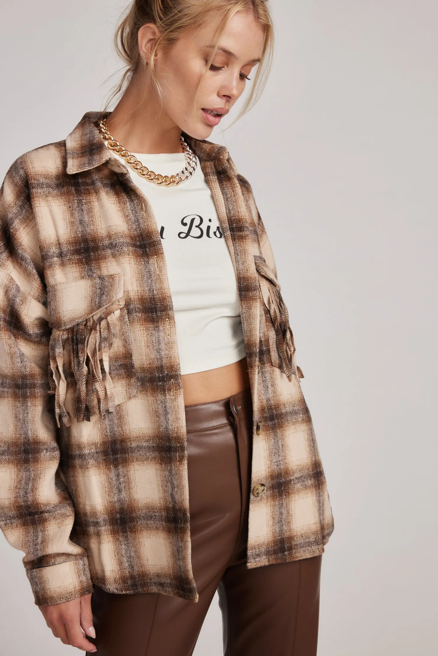 Fashion Devin Brown Fringe Shacket Jackets