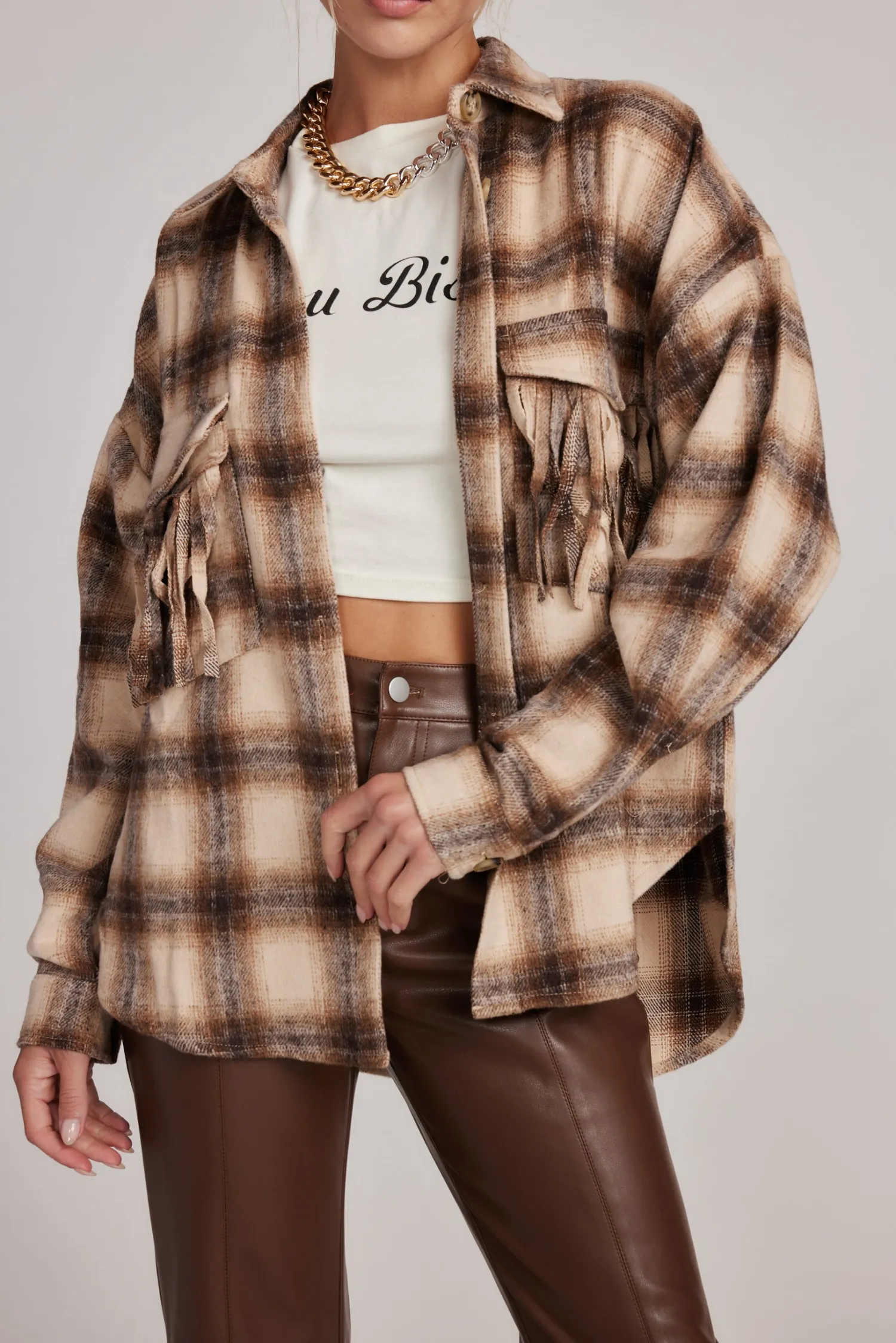 Fashion Devin Brown Fringe Shacket Jackets