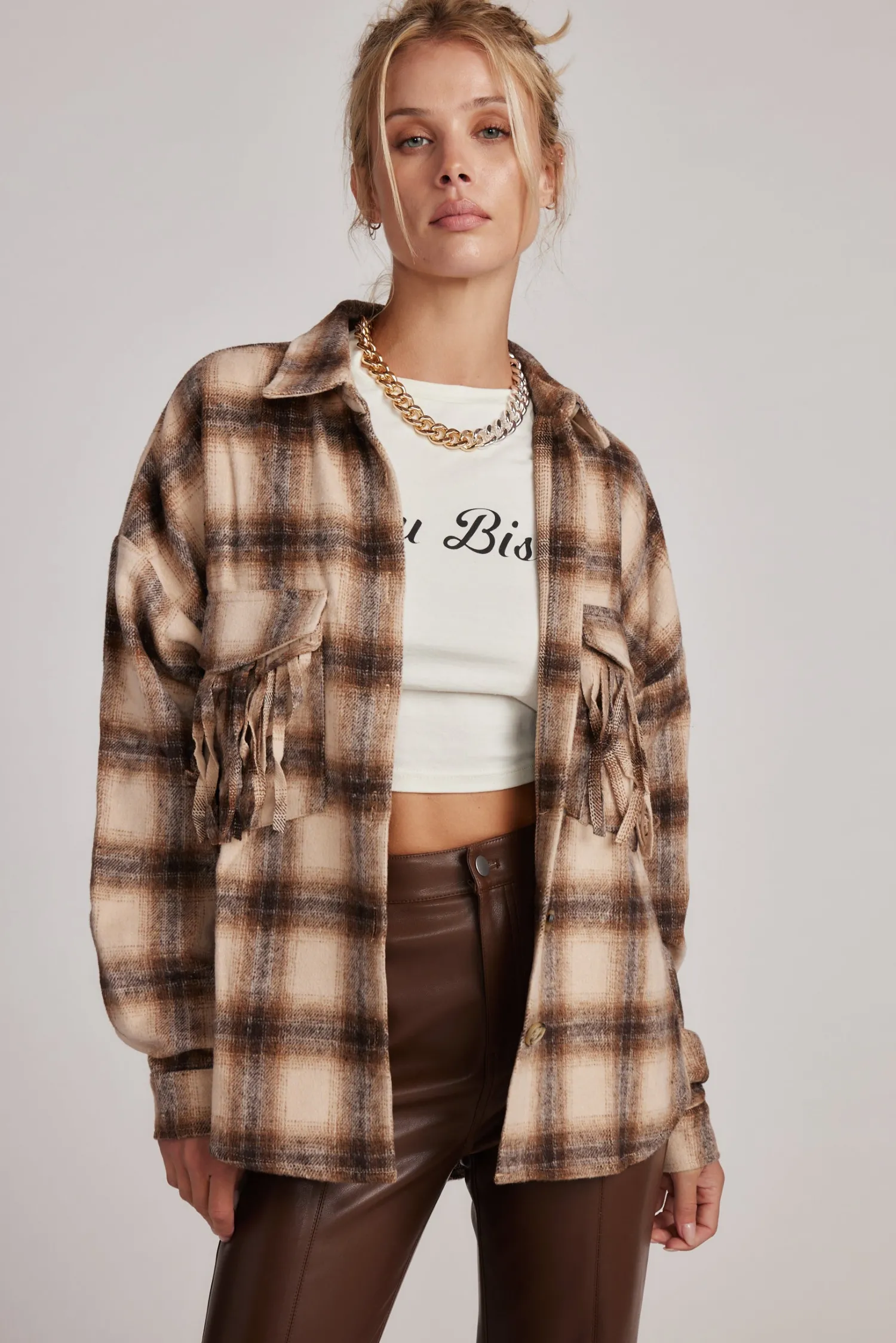 Fashion Devin Brown Fringe Shacket Jackets